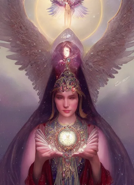 Image similar to A beautiful digital painting of a female Seraphim full of jewels, princess, the moon behind her, intricate, cinematic lighting, highly detailed, digital painting, Artstation, concept art, smooth, sharp focus, illustration, art by Tom Bagshaw, Artgerm and Greg Rutkowski