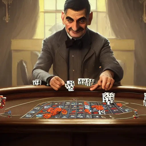 Image similar to a highly detailed matte portrait mister bean playing poker with dogs, standing at a card table, art by artgerm and greg rutkowski and alphonse mucha, volumetric lighting, octane render, 4 k resolution, trending on artstation, masterpiece