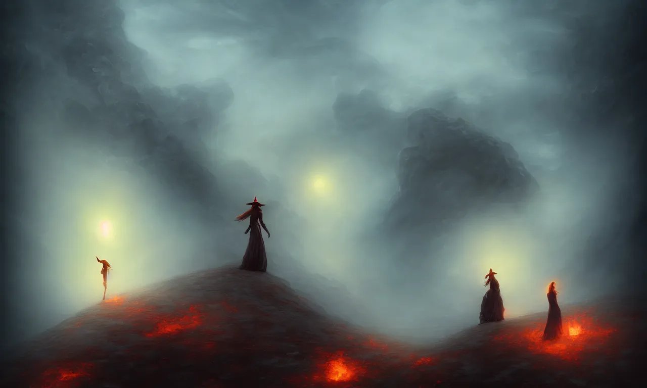 Prompt: the lonely witch standing at the edge of a fiery caldera by bastien deharme and gerald brom and mark arian and omar ortiz, smooth round rocks, deep blue sky, low light, misty, smoky, tonalism, sfumato