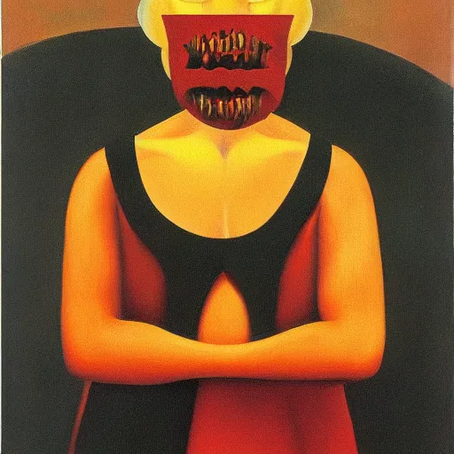 Image similar to devil boss in hell, oil painting by rene magritte and edward hopper