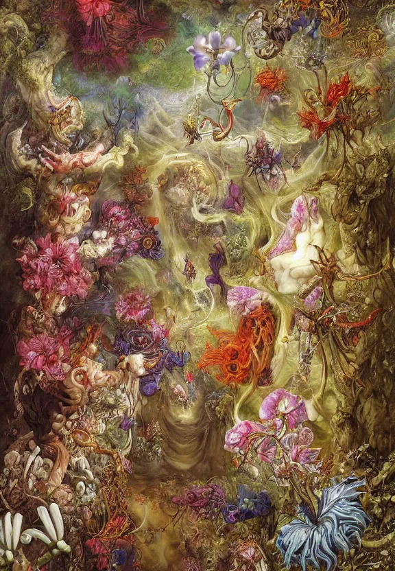 Prompt: simplicity, elegant, colorful muscular eldritch orchids, lilies, flowers radiating from fractal, mandalas, by h. r. giger and esao andrews and maria sibylla merian eugene delacroix, gustave dore, thomas moran, pop art, cyberpunk, art nouveau