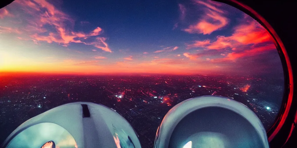 Prompt: wide angle photo looking out the window of a space capsule, liminal, cinematic, dreamscape, cinematics lighting, sunset colors, flying in the air, city in background