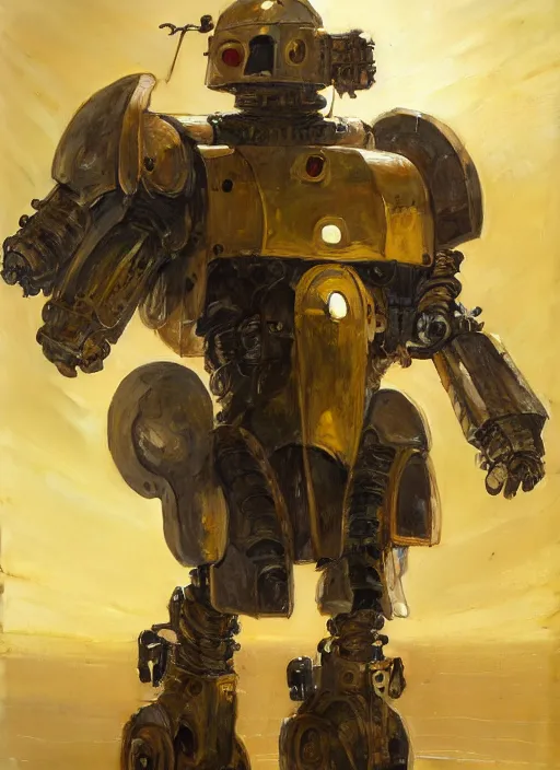 Image similar to human-sized strong intricate yellow pit droid carrying very detailed perfect antique great sword and beautiful large paladin shield, pancake short large head, exposed metal bones, painterly humanoid mecha, by Greg Rutkowski