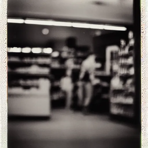 Image similar to Vintage Photograph of a futuristic time machine inside of a grocery store, shallow depth of field, awkward, out of place, polaroid 600 Color