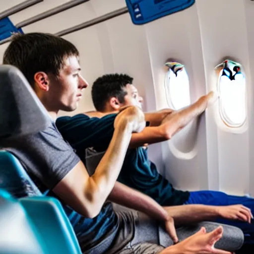 Image similar to a man is sitting in an airplane, watching his friends enjoy bouldering in a gym