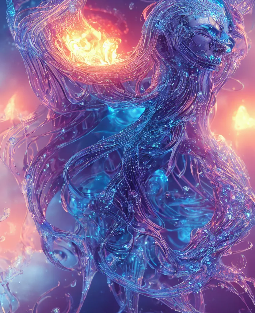 Image similar to close-up macro portrait of the face of a beautiful princess, epic angle and pose, symmetrical artwork, 3d with depth of field, blurred background, cybernetic jellyfish female face skull phoenix bird, translucent, nautilus, energy flows of water and fire. a highly detailed epic cinematic concept art CG render. made in Maya, Blender and Photoshop, octane render, excellent composition, cinematic dystopian brutalist atmosphere, dynamic dramatic cinematic lighting, aesthetic, very inspirational, arthouse. y Greg Rutkowski, Ilya Kuvshinov, WLOP, Stanley Artgerm Lau, Ruan Jia and Fenghua Zhong