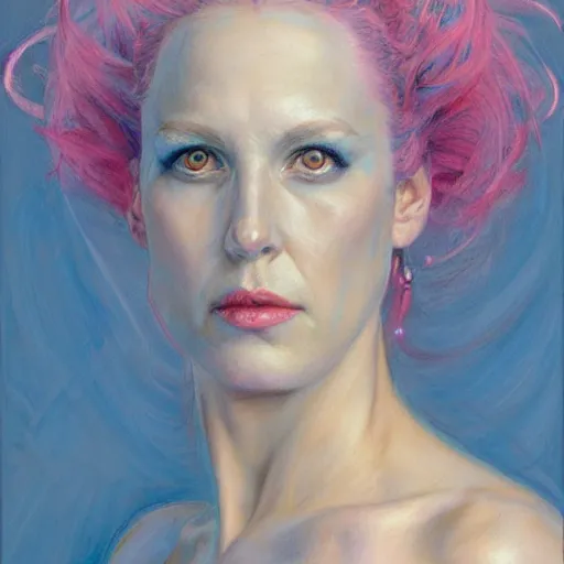 Prompt: portrait of a blue and pink queen by donato giancola.