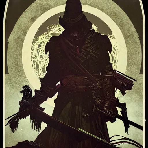 Prompt: an ultra detailed vector image of the hunter from bloodborne trapped in the hunter's dream, concept art by alphonse mucha and greg rutkowski, scary shadows, blood moon eclipse, polaroid octane render, laminal space