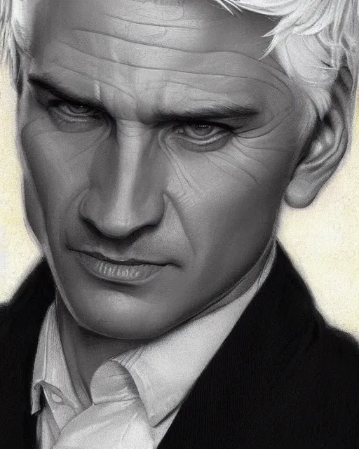 Image similar to portrait of 4 0 - year - old man with white hair with a pale complexion, pointed face and grey eyes, clear smooth face, no beard, wearing black suit and black shirt, haughty facial expression, hyper realistic face, beautiful eyes, close up, fantasy art, in the style of greg rutkowski, intricate, alphonse mucha, hyper detailed, smooth