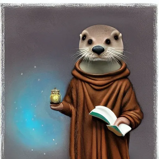 Image similar to an otter monk cleric reading his book, fantasy concept art by nicoletta ceccoli, mark ryden, lostfish, max fleischer