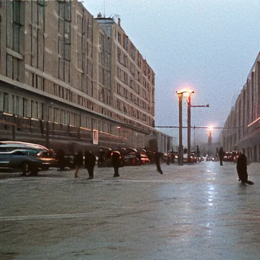 Prompt: 1990s movie still of a Norilsk street with many pedestrians with stalinist style highrise as a loading screen ,orbit space soviet city, Cinestill 800t 18mm, heavy grainy picture, very detailed, high quality, 4k panoramic, HD criterion, dramatic lightning, streetlight at night, rain, mud, foggy, soviet flags