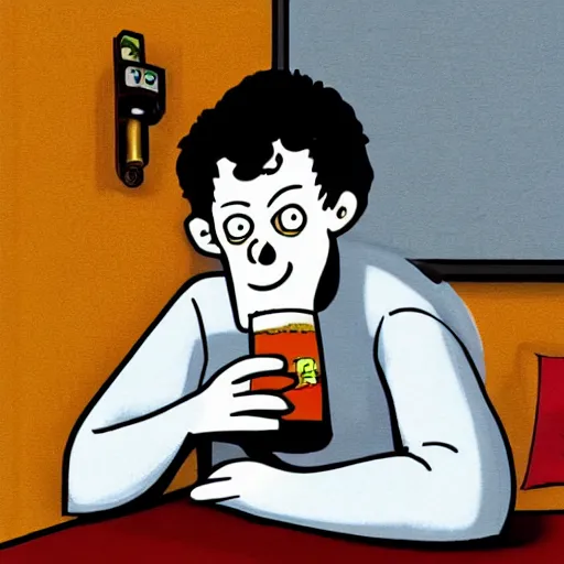 Image similar to A very sad Jon Arbuckle in real life in a comic book style sitting in his living room at home while holding a beer and being depressed, extremely depressed while watching TV, very nostalgic, very melancholic, dramatic angle, rotoscoped, rotoscope, photoshop, photomanipulation, realism, painting, illustration and sketch, weird scribbles, hybrid styles, hybrid art styles, mismatched, trending on artstation, trending on deviantart, weird, quirky, interesting, very detailed, highly detailed, HD Quality, 4k resolution, 8k resolution, in the style of David Firth, in the style of James Lee, in the style of Drue Langlois,