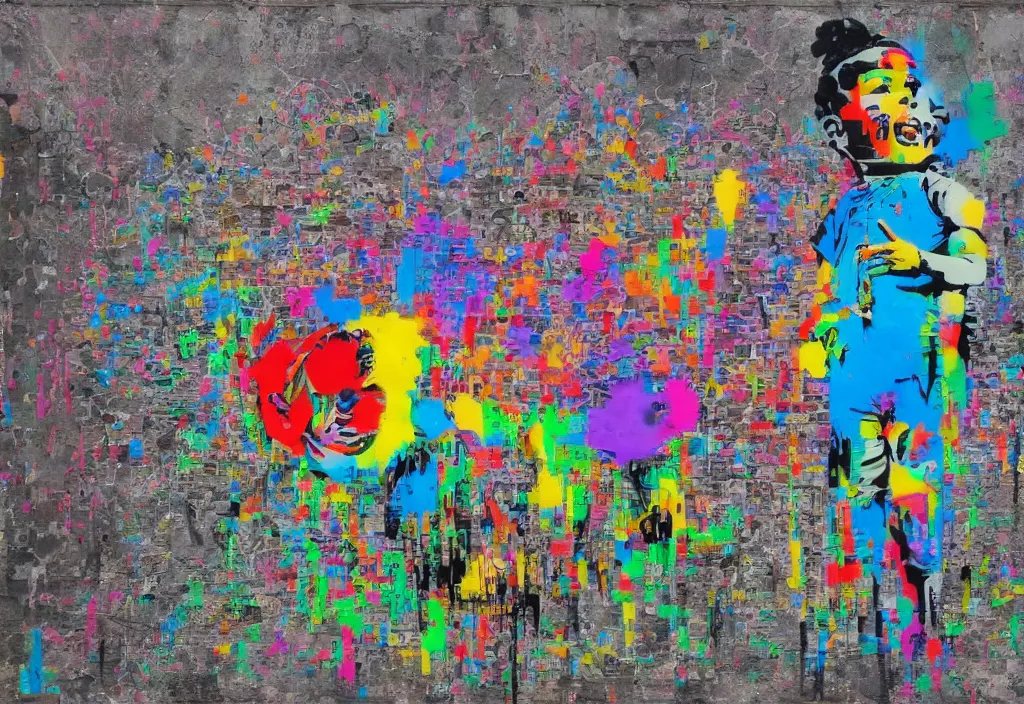 Prompt: full color banksy graffiti with statement of ai art is not art, detailed, realistic, ai weiwei, glitch art effect