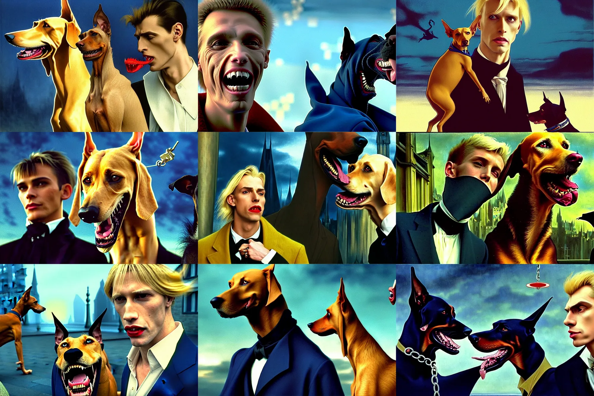 Prompt: realistic detailed portrait movie shot of an elegant blond male vampire with an angry doberman on a leash, futuristic street background by denis villeneuve, amano, yves tanguy, alphonse mucha, max ernst, caravaggio, edward robert hughes, roger dean, rich moody colours, dog teeth, blue eyes