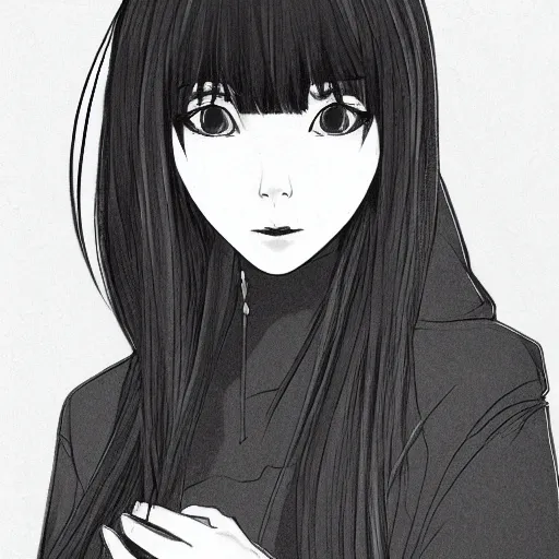Image similar to portrait of a beautiful korean girl with very long hair and bangs, angular features, angry expression, wearing a black hoodie, in the style of A-1 studio, extremely clean lines, anime and manga style, anime concept art