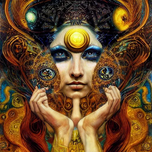 Image similar to Divine Chaos Engine by Karol Bak, Jean Deville, Gustav Klimt, and Vincent Van Gogh, beautiful visionary mystical portrait, sacred, otherworldly, fractal structures, Surreality, ornate gilded medieval icon, third eye, spirals