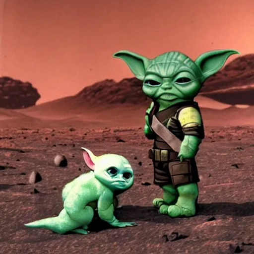 Image similar to mandalorian and baby yoda grogu with atomic bomb explosion behind in the background on mars planet, vintage color found photo