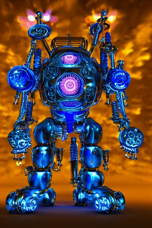 Prompt: portrait photo of a giant muscular golden and blue metal steampunk robot bodybuilder bouncer security with gears and tubes, eyes are police lights, shiny crisp finish, 3 d render, 8 k, insaneley detailed, fluorescent colors, background is multicolored lasershow