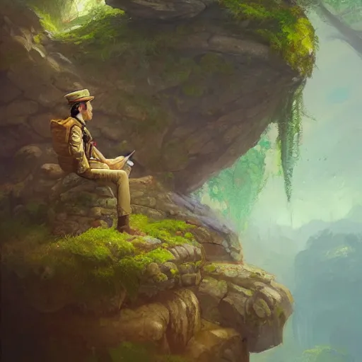 Image similar to a painting of a pilot sitting in a rock on a jungle!, an ultrafine detailed painting by mandy jurgens, featured on deviantart, fantasy art, 2 d game art, ilya kuvshinov, steampunk