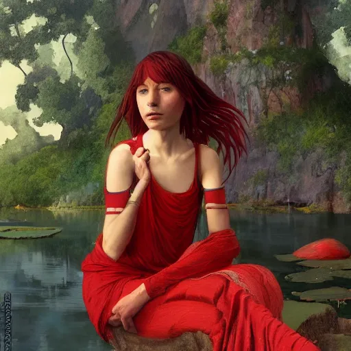 Prompt: prompt Young Harpy-Girl, red feathered wings, wearing Inka clothes, sad expression, sitting at a pond, mountainous area, trees in the background, oil painting, by Fernanda Suarez and and Edgar Maxence and greg rutkowski