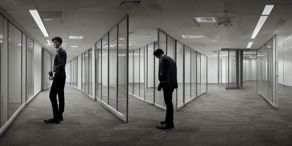 Image similar to a man standing in an office building, cubicles, cinematic, anamorphic lens, atmospheric, cinematography by greig fraser