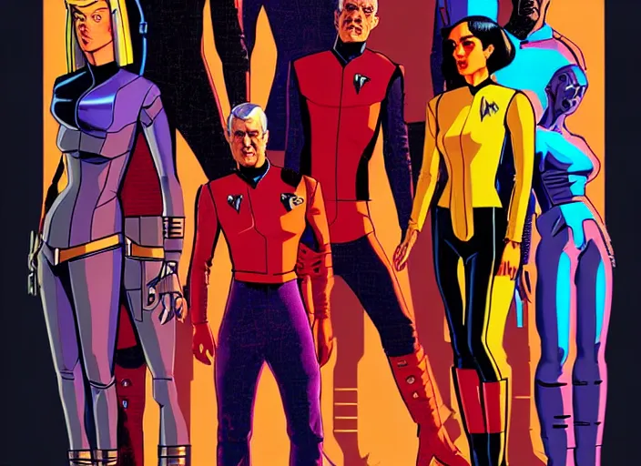 Image similar to cyberpunk star trek tos crew. portrait by stonehouse and mœbius and will eisner and gil elvgren and pixar. character design. realistic proportions. star trek 1 9 7 7 character art, blade runner 2 0 4 9 concept art. cell shading. attractive face. thick lines. the team. diverse characters. artstation.