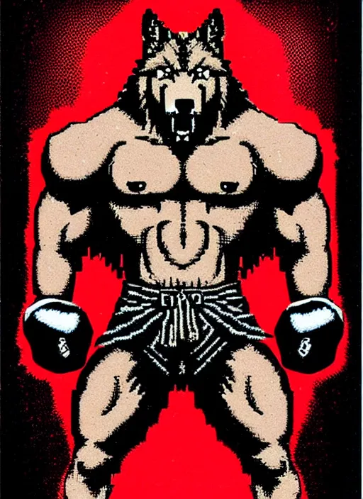 Image similar to extreme long shot. 8 bit nes graphics. antropomorphic muscular masculine wolf. kickboxer fighter, in shorts. wolf head. angry. fine details, very sharp, art from nes game cartridge, 8 0's, vhs artefacts, vaporwave style, marc simonetti and hermann nitsch and anish kapoor.