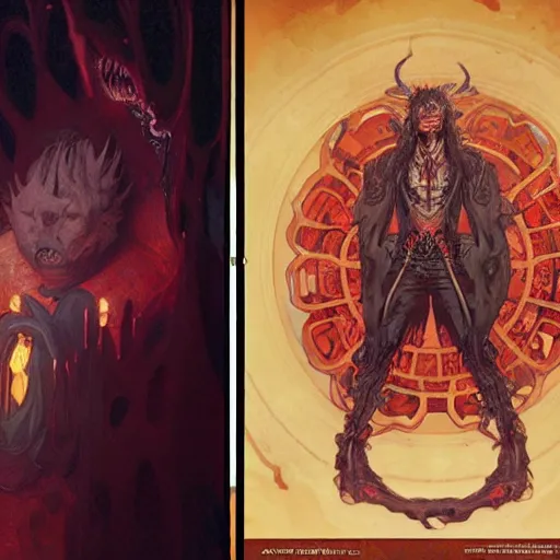 Image similar to hyper realistic portrait of a Necronomicon demon character in a hell portal in a film, art by artery and Greg Rutkowski and alphonse mucha