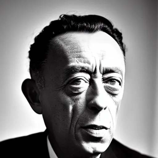 Image similar to 8k black and white photograph portrait of Albert Camus making a silly face. National Geographic. Hilarious.