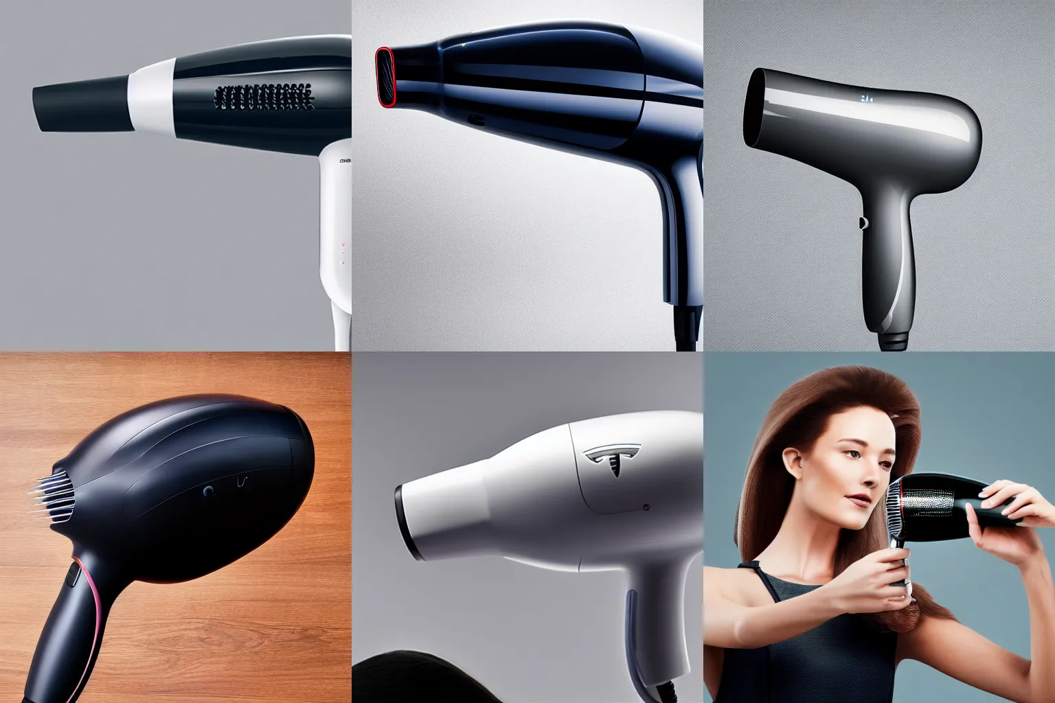 Prompt: product photograph of a hair dryer designed by Apple and Tesla, 4k photography