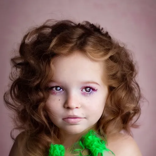 Image similar to perfect baby beauty itself. with a bit of freckles and beautiful bright green eyes red curled hair perfect light pink lips stare intently, award winning studio portrait