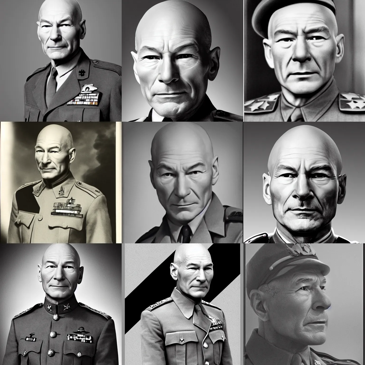 Prompt: patrick stewart as a wwii general. greyscale photograph.
