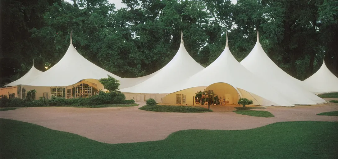 Image similar to sibley tent designed by dali. outdoor landscaping designed by roberto burle marx. fujinon premista 1 9 - 4 5 mm t 2. 9. portra 8 0 0.