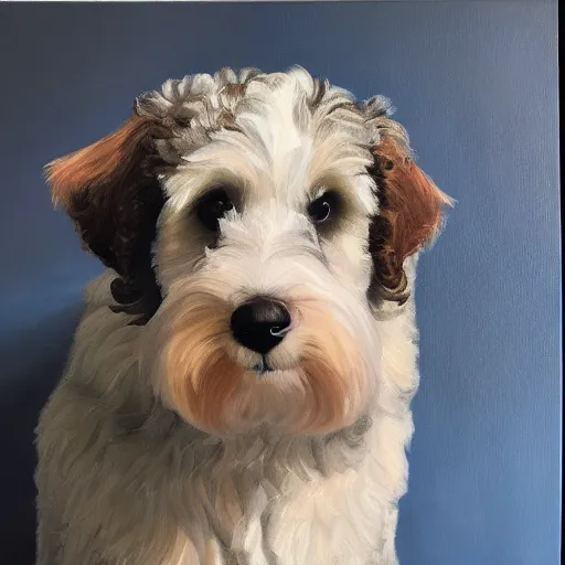 Image similar to a handsome portrait of an aussie doodle pup, oil on canvas, high budget