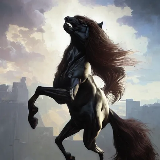 Prompt: splash art of a huge muscular black - coated anthropomorphic horse character with long white hair wearing tactical kevlar fabric, exaggerated muscle physique, highly detailed, furry, furaffinity, digital painting, artstation, sharp focus, illustration, art by artgerm, greg rutkowski, alphonse mucha