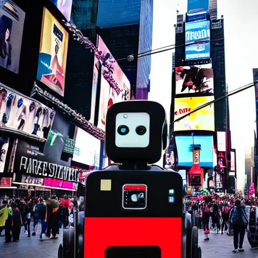 Image similar to dystopian robot in times square street photography