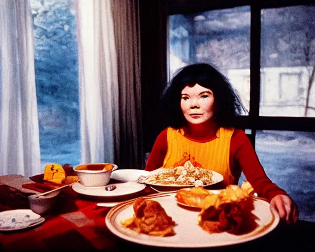 Prompt: 1 9 7 9 a soviet movie still a bjork woman sitting at a table with a plate of food in dark warm light, a character portrait by bjork, featured on cg society, neo - fauvism, movie still, 8 k, fauvism, cinestill, bokeh, gelios lens