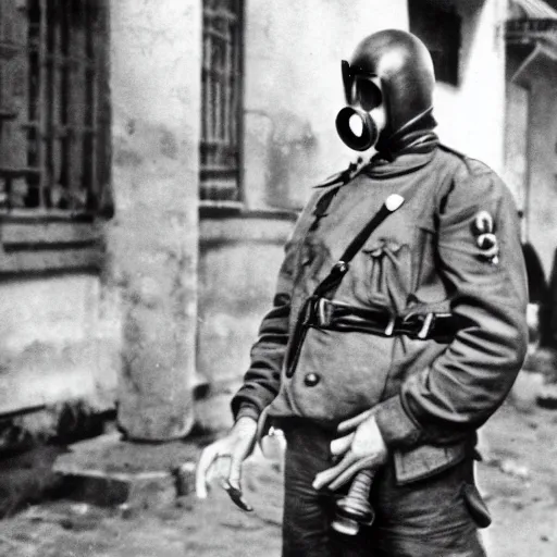Image similar to police officer posing with gas mask during world war ii in istanbul, photo, realistic