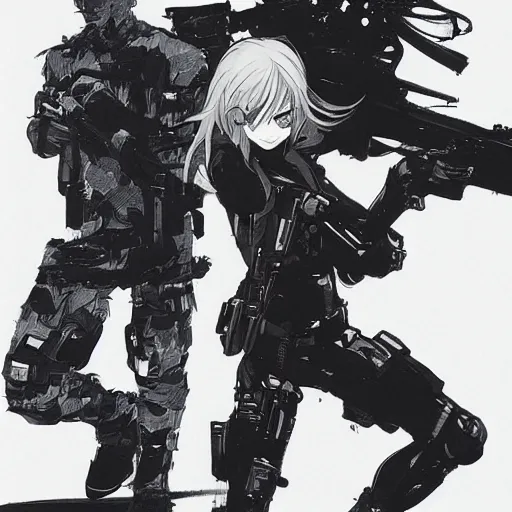 Prompt: girl silver hair, holding a gun and posing, trending on artstation, illustration by Yoji Shinkawa