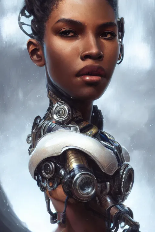 Image similar to ultra realistic illustration, closeup headshot 3 5 mm, black woman, hacknaut cyberpunk, sci - fi, fantasy, intricate, elegant, highly detailed, digital painting, artstation, concept art, smooth, sharp focus, illustration, art by artgerm and greg rutkowski and alphonse mucha