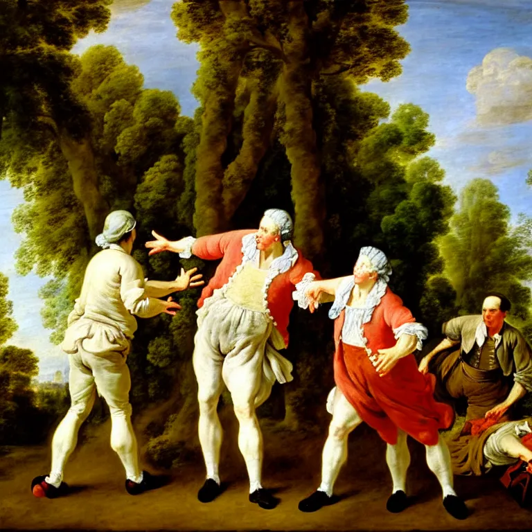 Image similar to A Socialist Realism style Action Painting made with Gesso on Alabaster of A Principled Dressed Brickmason tempting A Nursing Aide in the style of Jean Antoine Watteau