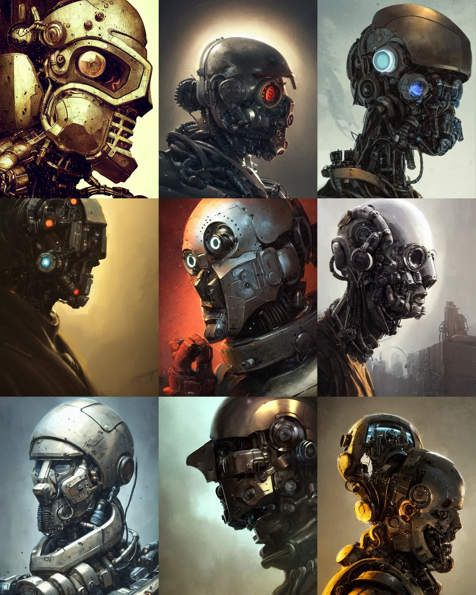 Prompt: a rugged social engineer man with cybernetic enhancements, detailed mask, scifi character portrait by greg rutkowski, esuthio, craig mullins, 1 / 4 headshot, cinematic lighting, dystopian scifi gear, gloomy, profile picture, mechanical, half robot, implants, steampunk, warm colors