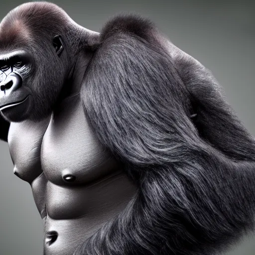 Image similar to a gorilla curling weights, muscled gorilla training at the gym, perfect high resolution, award winning art, highly detailed, trending on art station, cgsociety, macro 50mm leica noctilux, studio lighting