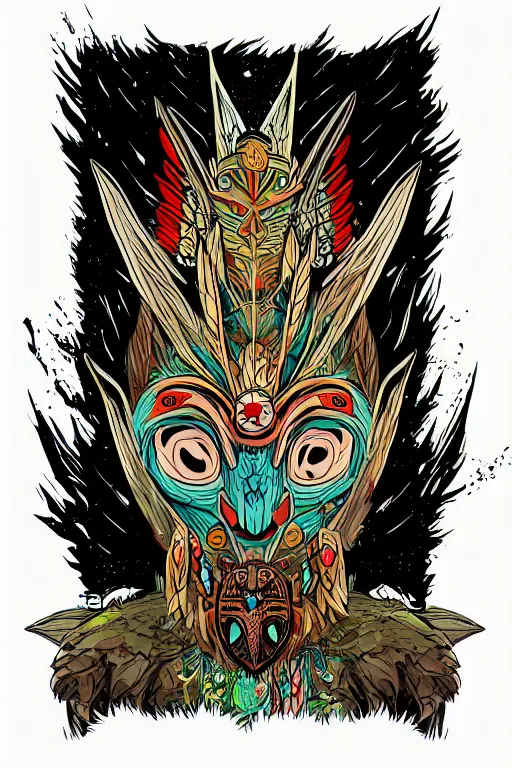 Image similar to animal mask totem roots flower tribal feather gemstone plant wood rock shaman vodoo video game vector cutout illustration vivid multicolor borderlands comics by josan gonzales and dan mumford radiating a glowing aura