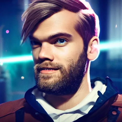 Image similar to Portrait of PewDiePie, splash art, movie still, cinematic lighting, dramatic, octane render, long lens, shallow depth of field, bokeh, anamorphic lens flare, 8k, hyper detailed, 35mm film grain