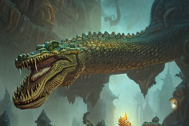 Prompt: epic crocodile god temple deep focus, d & d, fantasy, intricate, elegant, highly detailed, digital painting, artstation, concept art, matte, sharp focus, illustration, hearthstone, art by artgerm and greg rutkowski and alphonse mucha