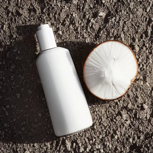 Prompt: centered white perfume bottle next to halved - coconuts, with white crisp zen soft - sandy - beach background, illumination lighting, sharp focus, vogue, hartper's bazaar