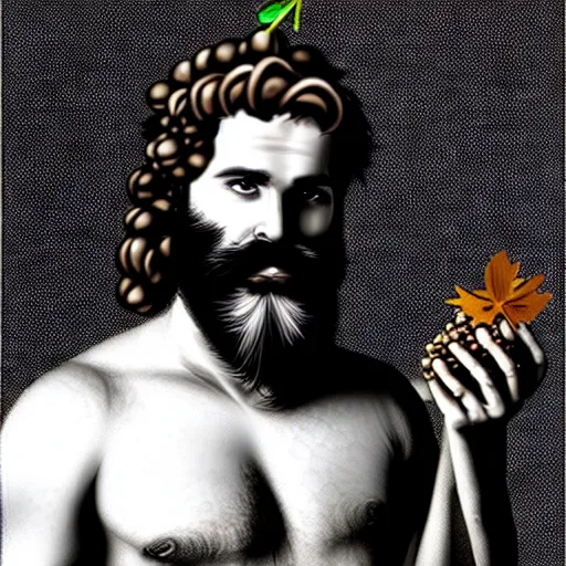 Prompt: bearded god dionysus with leaves and grape in his hair, tom finland