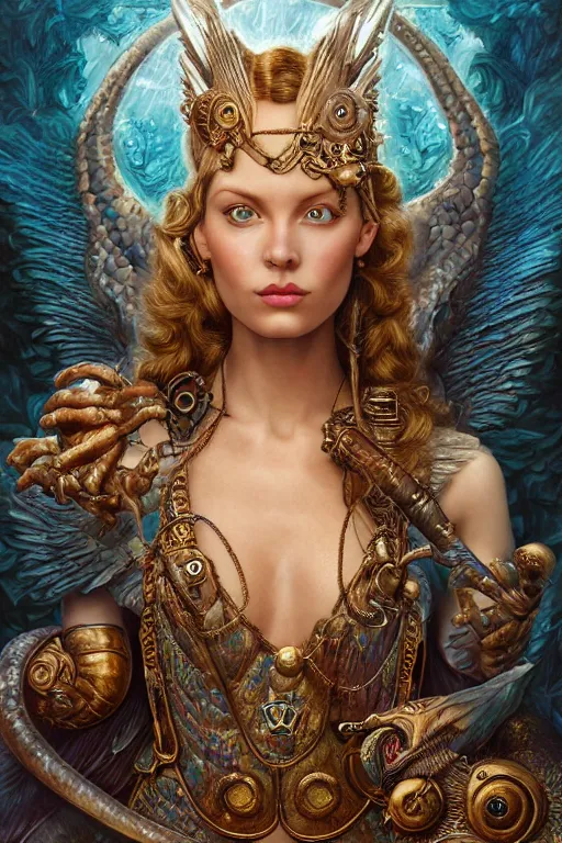 Image similar to Mystical Valkyrie, Portrait of a beautiful female Atlantean Reptilian Warrior, Realistic, Regal, Refined, Detailed Digital Art, Michael Cheval, Walt Disney (1937), François Boucher, Oil Painting, Steampunk, Highly Detailed, Cinematic Lighting, Unreal Engine, 8k, HD