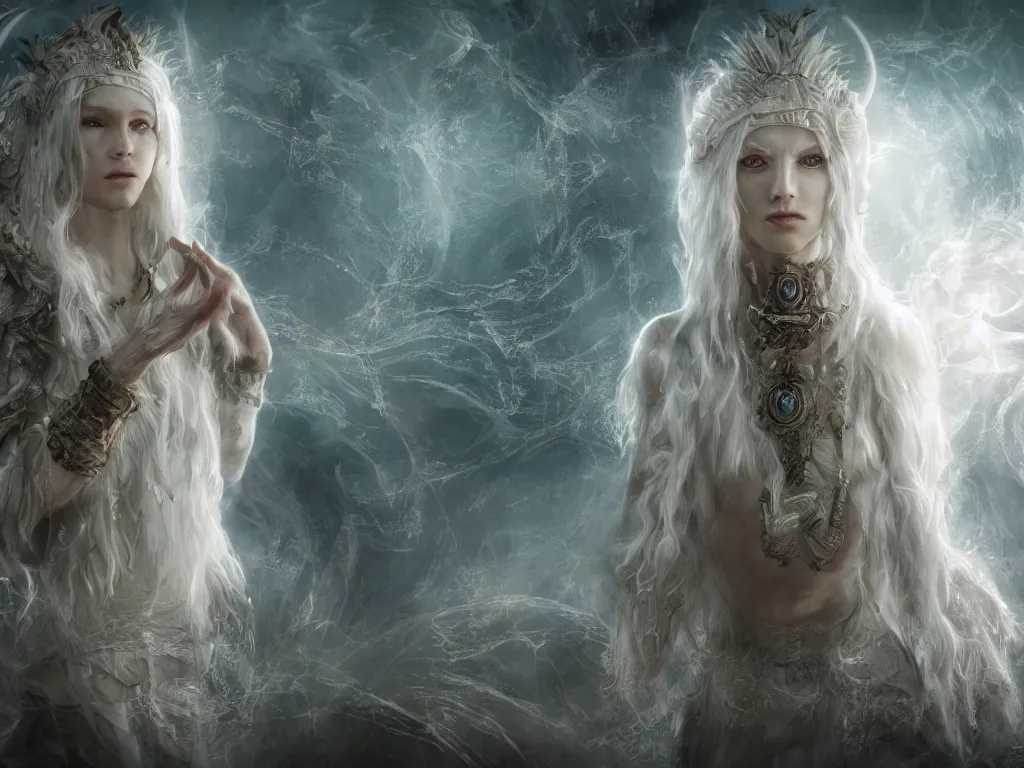 Image similar to !dream solarpunk white wolf high priest realistic, cinematic style, filmed in 70mm , divine realm of gods, angelic face, volumetric lighting, octane render, ethereal, super fine details, intricate jewelry, photographic, concept art, artist Leonardo DaVinci, unreal engine, 8k,